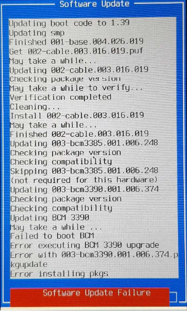 VIAVI ONX-620 Software Update Failure Screenshot